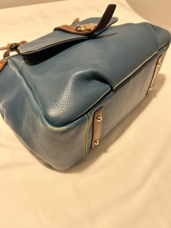 Dooney & Bourke Blue Leather Tote with Brown Trim and Gold Hardware - Picture 6 of 15